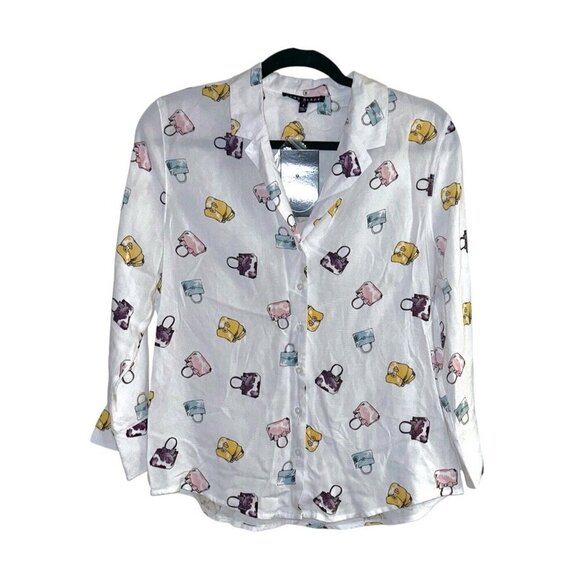 Como Black White Long Sleeve Button Up Multi Color Purse Print Blouse Size Small - Picture 1 of 9